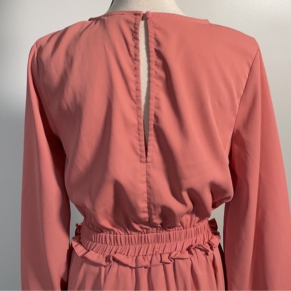 Mainstrip Peach Pink Long Sleeve Smocked Waist Ruffle Mini Dress – Size M - Picture 8 of 12